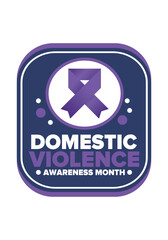 Domestic Violence Awareness Month in October. Celebrate annual in United States. Awareness purple ribbon. Day of Unity. Prevention campaign. Stop women abuse. Poster, banner and background. Vector