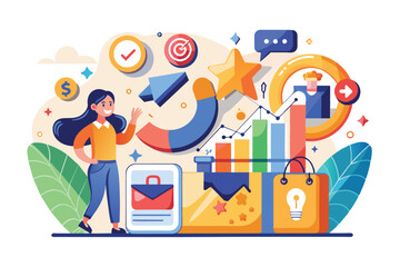 Obraz premium A cheerful woman presents various marketing tools like charts and icons, emphasizing customer attraction and sales discounts in a colorful, engaging design.