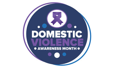 Domestic Violence Awareness Month in October. Celebrate annual in United States. Awareness purple ribbon. Day of Unity. Prevention campaign. Stop women abuse. Poster, banner and background. Vector