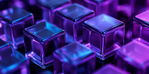 Obraz premium Close-up of purple and blue glass cubes forming an abstract geometric pattern on a black background, featuring smooth edges and reflections highlighting their shine.