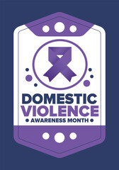 Domestic Violence Awareness Month in October. Celebrate annual in United States. Awareness purple ribbon. Day of Unity. Prevention campaign. Stop women abuse. Poster, banner and background. Vector