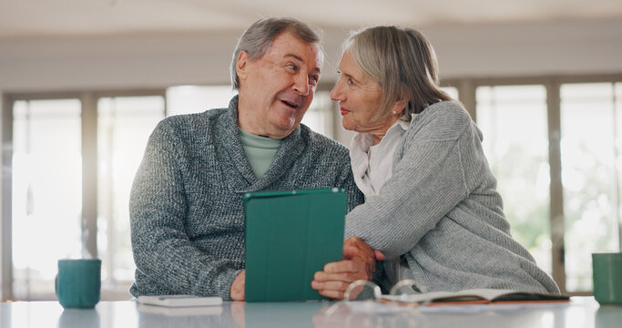 Senior couple, tablet and home for finance planning, talking and search website for credit score. Elderly people, calculate pension and notebook for bills or payment, budget and embrace for security