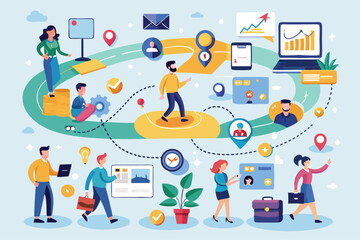 A vibrant illustration showcases the customer journey with various digital touchpoints, highlighting user engagement and interactions in a visually appealing manner.