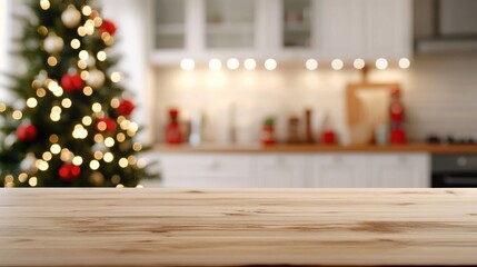 Cozy kitchen with festive Christmas tree in the background, perfect for holiday gatherings and cheerful celebrations.