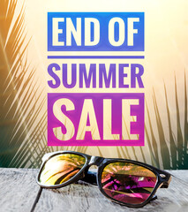 End of summer sale banner with sunglasses over tropical background, business poster idea