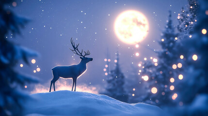 A reindeer stands on a hill under the full moon. The concept of Christmas and the beauty of wildlife. Generative AI.