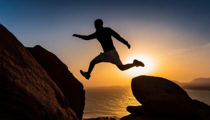 Silhouette of a man jumping from rock to rock