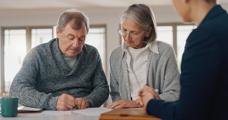 Signature, paperwork and senior couple with financial advisor for retirement annuity saving account. Discussion, finance documents and elderly man and woman with investment banker for pension growth.