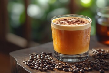 Caramel Latte. Creamy caramel coffee latte with cinnamon powder and ro