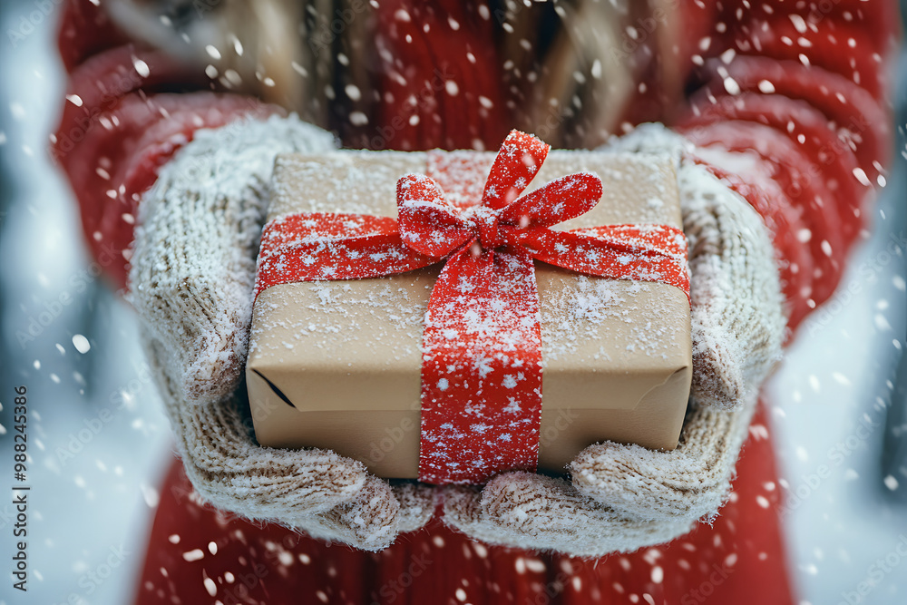 Canvas Prints winter holidays, christmas and people concept - close up of happy woman with present or gift box outdoors