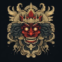Obraz premium Ornate and Detailed Illustration of a Fierce Red Demon Mask with Golden Embellishments
