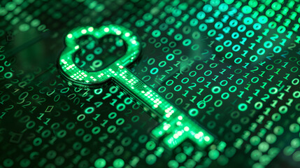 Glowing green digital key symbolizing cybersecurity and data encryption in modern information technology systems