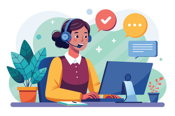 A customer service hotline operator assists a client, smiling while using a headset and typing on a computer in a vibrant office environment.