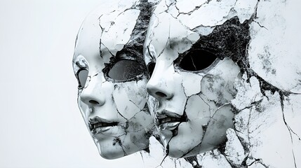 Fractured mirror with ghostly reflections, Halloween masks emerging from the cracks, horror-themed digital art, isolated on white background