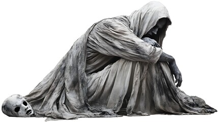 Fototapeta premium Ghostly monk in tattered robes, entwined with Halloween masks, cinematic dark art, isolated on white background