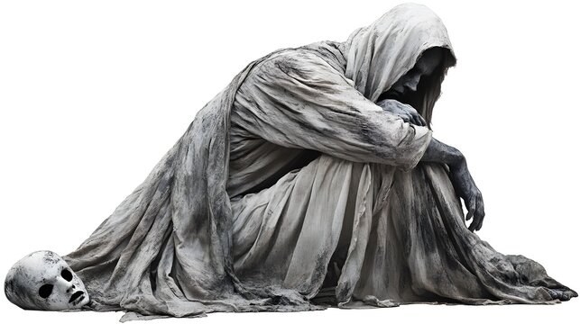 Ghostly monk in tattered robes, entwined with Halloween masks, cinematic dark art, isolated on white background