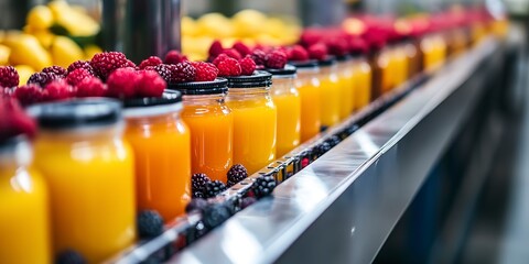 Berry and fruit juices on a conveyor belt. Automatic juice production. 
