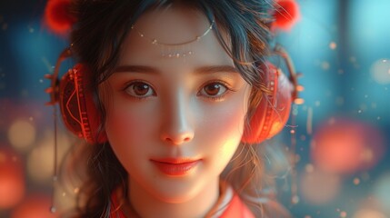 ヘッドフォンをつけた美女ポートレート,Generative AI AI画像