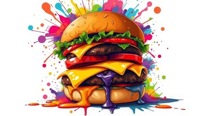 Vibrant Cheeseburger with Colorful Abstract Explosion Background