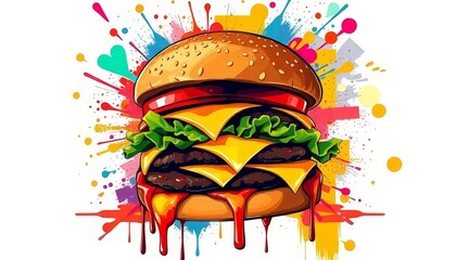 Vibrant Cheeseburger with Colorful Abstract Explosion Background