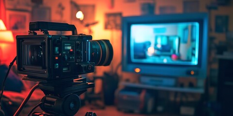 Fototapeta premium A video camera is positioned in front of a television screen, capturing the scene playing on the screen.