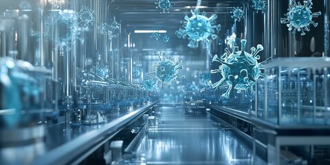 A futuristic representation of a viral particle production line with an emphasis on biotechnology and synthetic biology