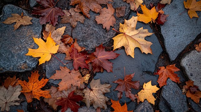 A close-up view of fallen autumn leaves in various shades of red, orange, and yellow, scattered on wet gray cobblestones.