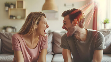 Naklejka premium Annoyed young family couple arguing emotionally, blaming each other. Stressed irritated woman and man shouting at each other having serious relations communication problems. Couple