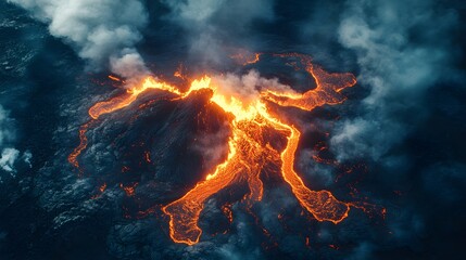 Volcano eruption from above, vibrant streams of molten lava carve through jagged terrain, ash clouds billowing into the atmosphere, surrounded by scorched earth
