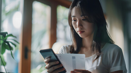 Fototapeta premium Bill pay concept. Online internet banking asian young woman hand holding receipt paper, using mobile smart phone with calculator apps for calculate expenses to pay of monthly. Techn
