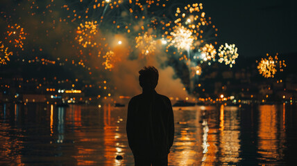 One person standing illuminated by firework display