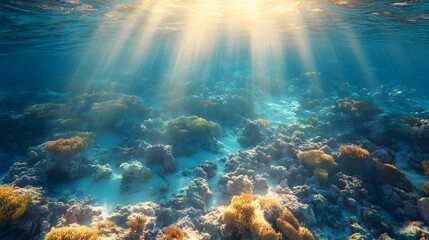 Obraz premium Aerial view of vibrant coral reefs, teeming with marine life, in crystal-clear waters, illuminated by golden sunlight, Photorealism, 3D Render, Bright colors, Highly detailed