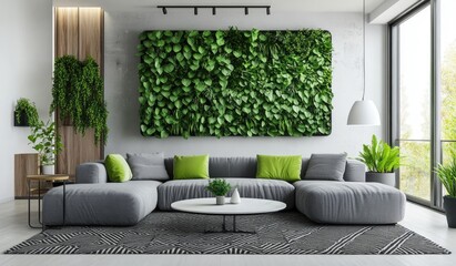 Modern interior design, accentual and subtle, features a living room with a sofa facing the camera. The wall is covered in moss and plants, and the rug displays geometric patterns. Created with Ai
