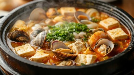 Steamy Soondubu Jjigae: Close-up of Hot Stone Pot with Tofu, Clams, and Vegetables in Rich Broth, Cozy Ambiance with Warm Lighting