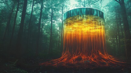 Surreal image of a stainless steel water tank floating above a verdant forest, connected by glowing holographic roots to the ground below, Psychedelic, Neon colors, Ethereal atmosphere