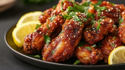 Crispy Korean Fried Chicken Platter with Fresh Herbs and Lemon in Warm Evening Lighting for Cozy Dining Experience