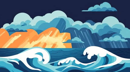Fototapeta premium Dynamic Stormy Seascape: Minimalist Flat Vector Illustration of Ocean Storm with Bold Waves and Modern Design
