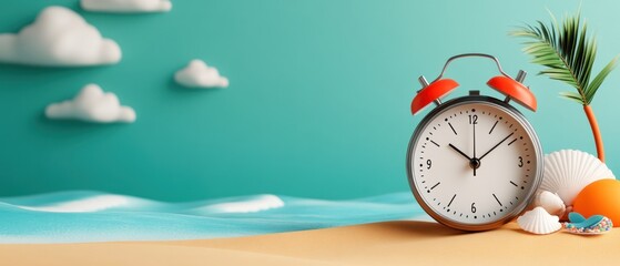 A beach scene featuring an alarm clock resting on the sand, symbolizing the perfect moment to relax, travel, and unwind during vacation, peace and leisure.