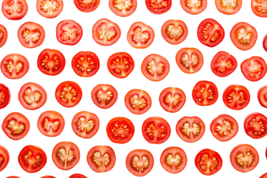 A pattern of cherry tomato slices, densely arranged, highlighting the variations in red and orange hues among the tomatoes, on a transparent background