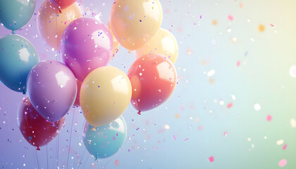 A festive birthday background with colorful balloons, confetti, and a subtle pastel rainbow gradient