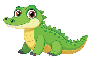Naklejka premium A cheerful crocodile with big eyes and a friendly smile sits comfortably, showcasing its vibrant green color against the plain white backdrop.