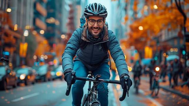 Smiling man in cycling gear riding bicycle on busy city street with autumn foliage. Promotes concepts of urban commuting, outdoor activity, and a healthy lifestyle.