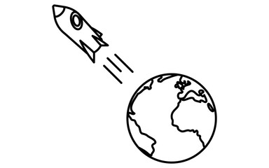 地球から打ち上げロケットが飛んでいくシンプルな白黒線画、アイソメイラスト