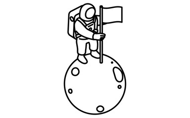 旗を月面にさす宇宙飛行士のシンプルな白黒線画、アイソメイラスト