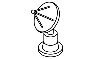 人工衛星用アンテナのシンプルな白黒線画、アイソメイラスト