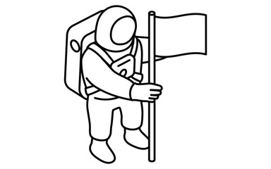 旗を地面にさす宇宙飛行士のシンプルな白黒線画、アイソメイラスト