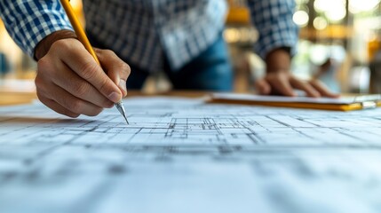 Close-up of an architect's hand pointing at detailed plans on a blueprint, with an engineer taking notes on a notepad beside them, highlighting their collaborative approach to a new building project