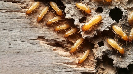 Close-up of termites crawling on a damaged wooden surface, with visible tunnels and holes, highlighting the need for termite extermination with copy space