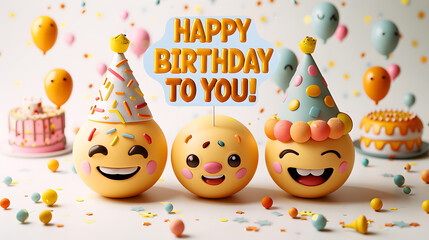 A group of smiling emoji wearing party hats, with the text "HAPPY BIRTHDAY TO YOU!" in bold letters on top 
