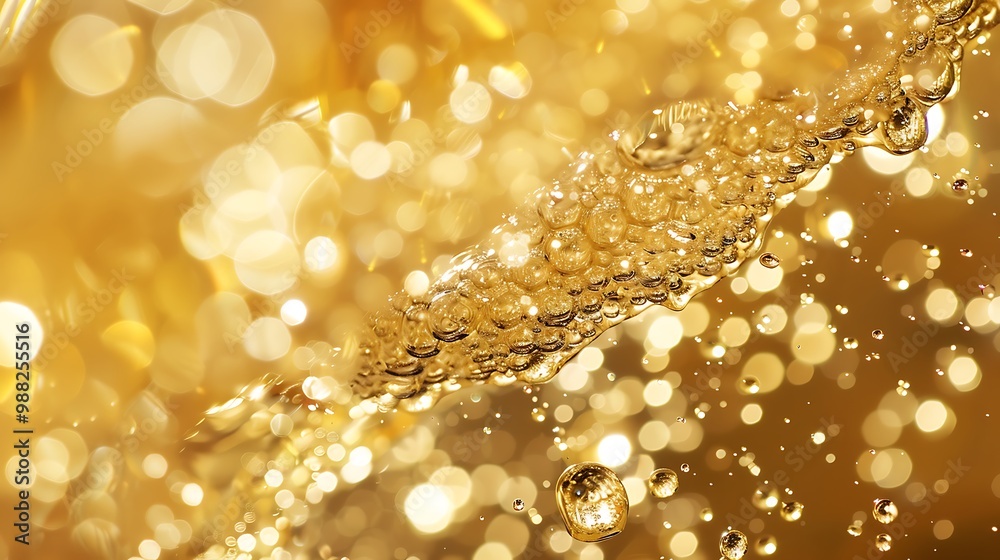 Poster close-up of golden liquid with bubbles and bokeh, creating a luxurious and sparkling effect.